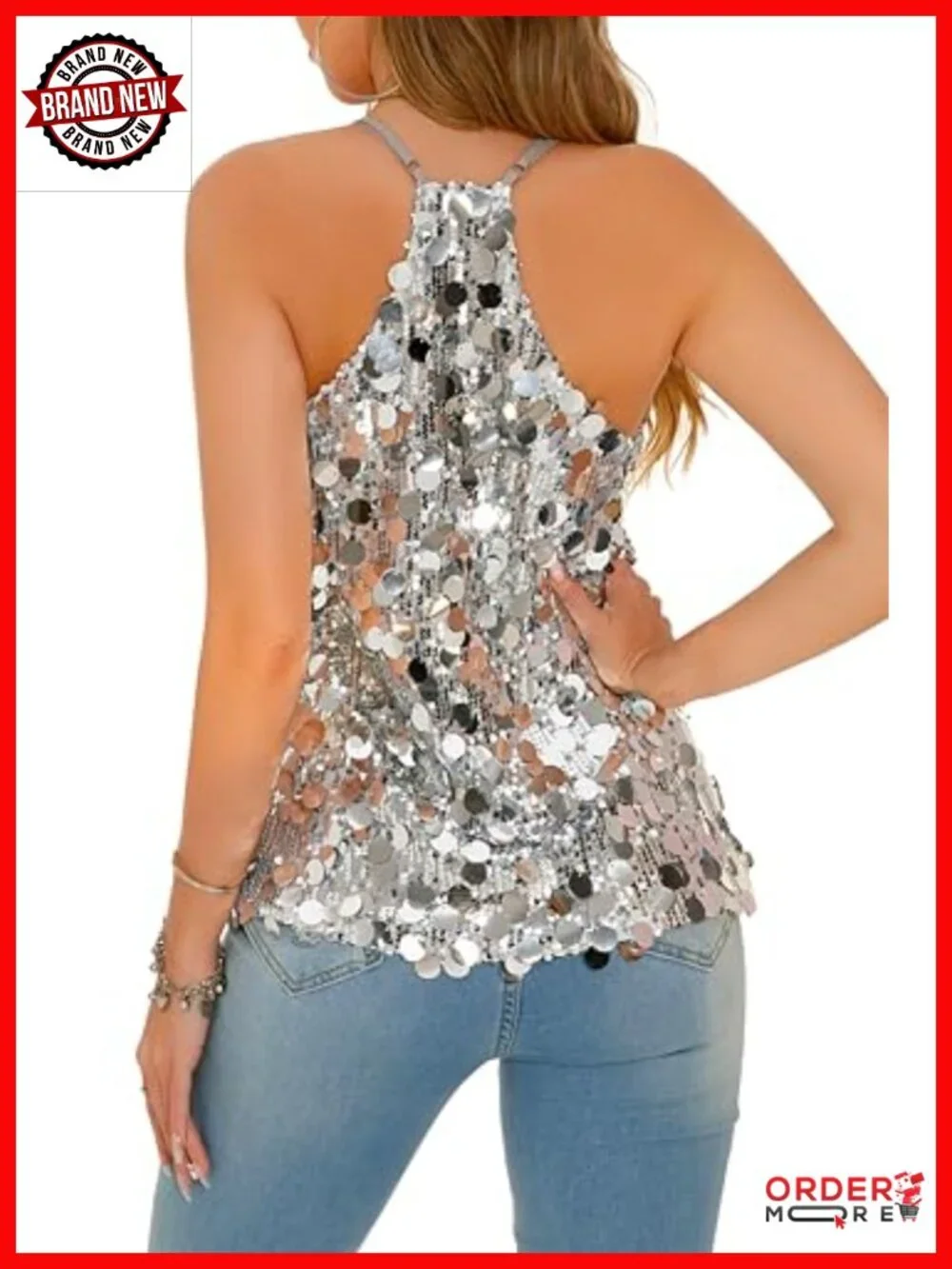 Sequin Strappy Tank Top Scallop Hem Night Out Party Top